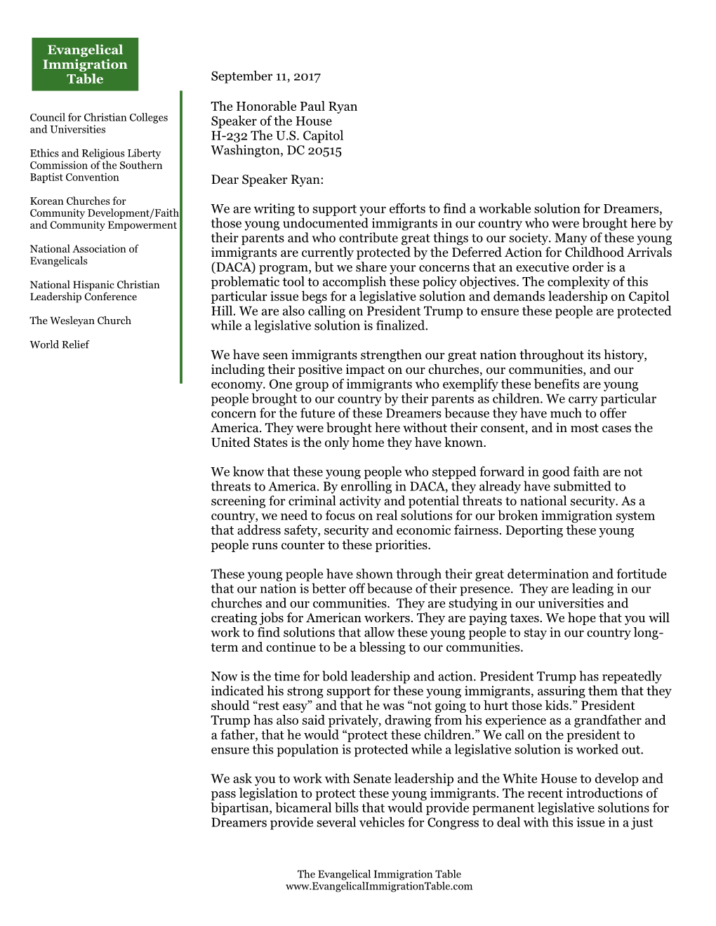 Evangelical Immigration Table September 11, 2017 the Honorable Paul Ryan Speaker of the House H-232 the U.S. Capitol Washington