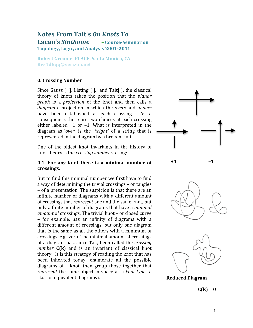 Notes from Tait's on Knots to Lacan's Sinthome – Course-Seminar On