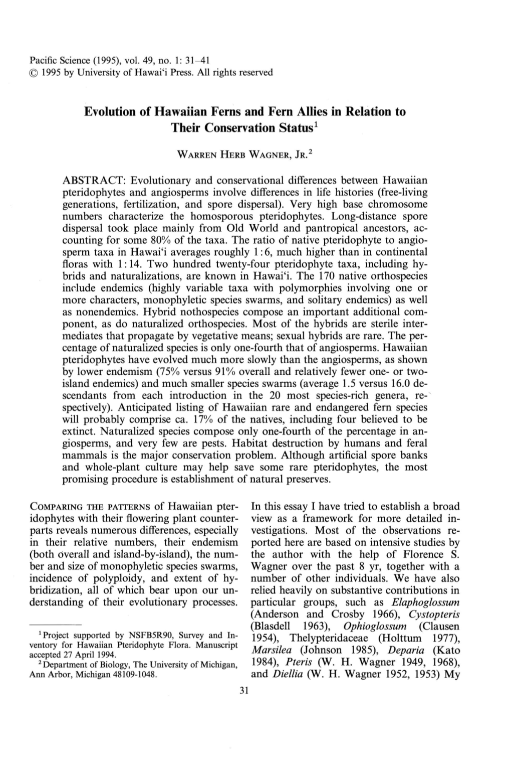 Evolution of Hawaiian Ferns and Fern Allies in Relation to Their Conservation Status1