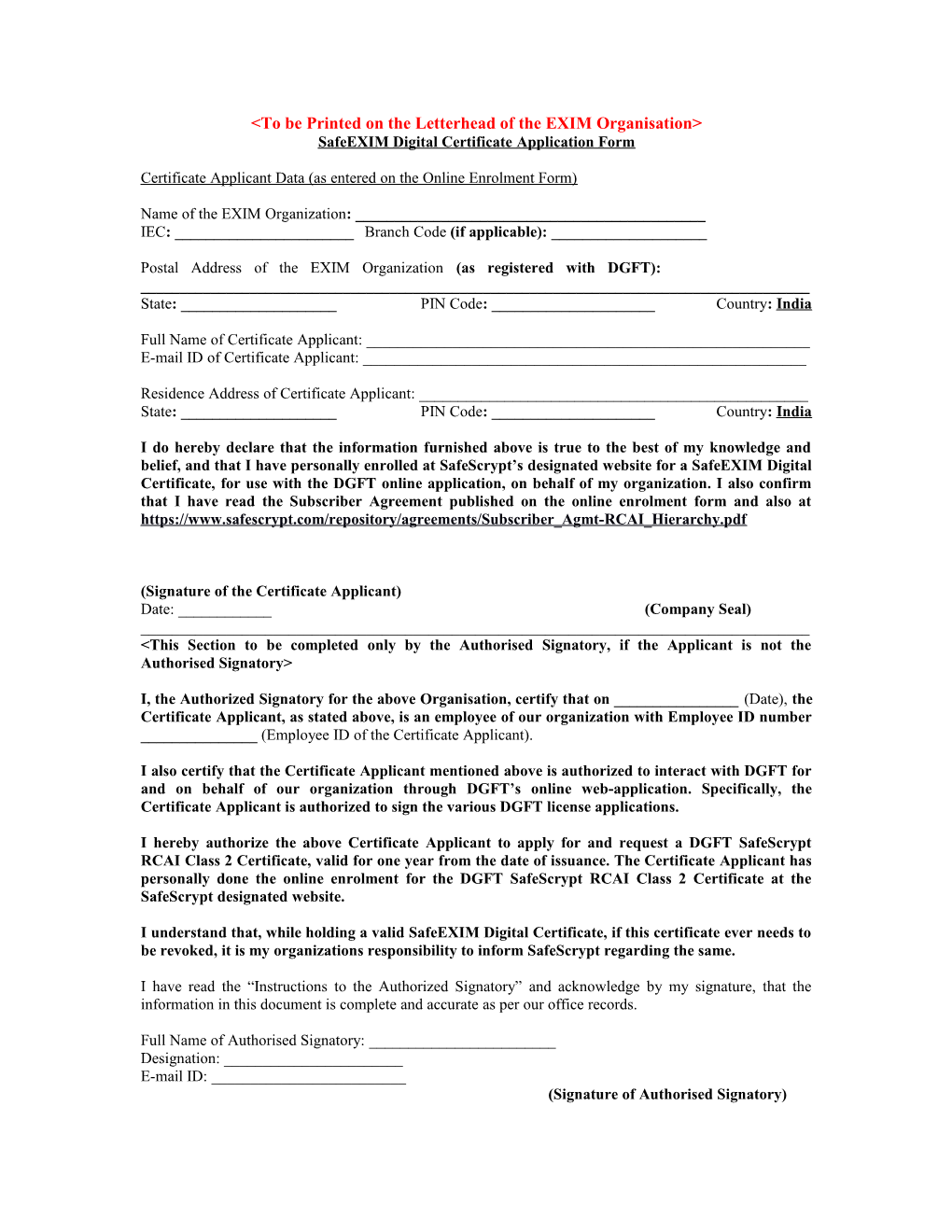 VARTC DGFT Digital Signature Form