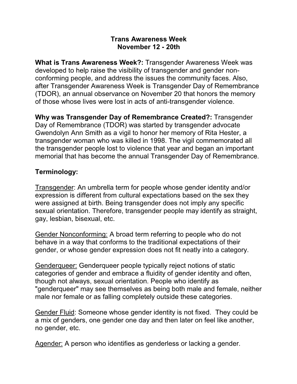 Trans Awareness Week November 12 - 20Th
