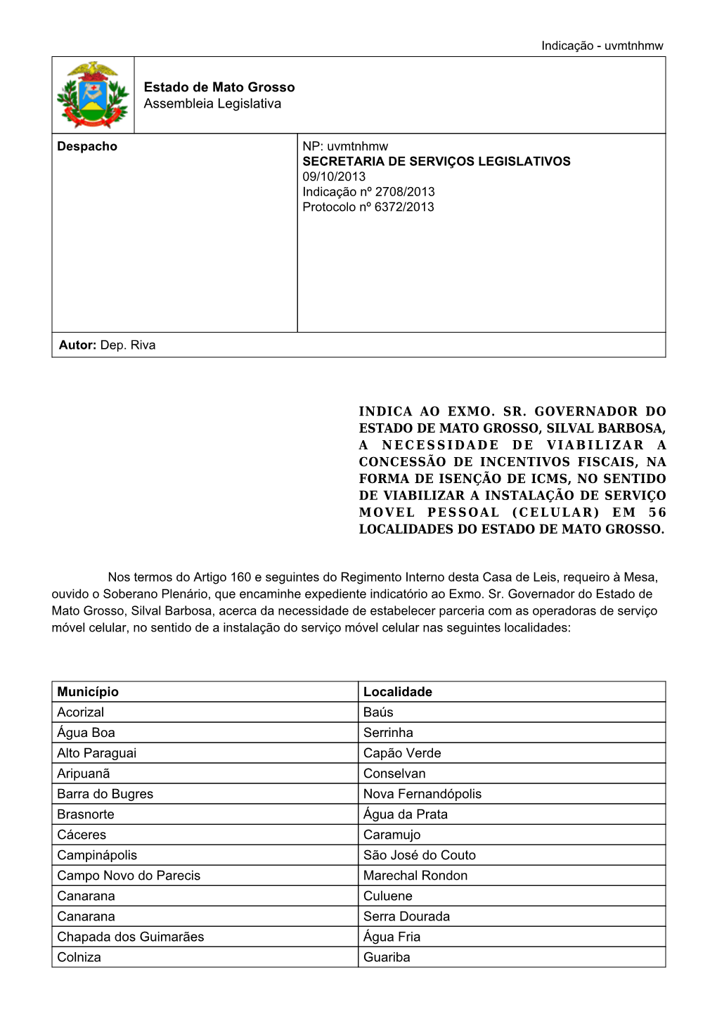 Estado De Mato Grosso Assembleia Legislativa Município Localidade