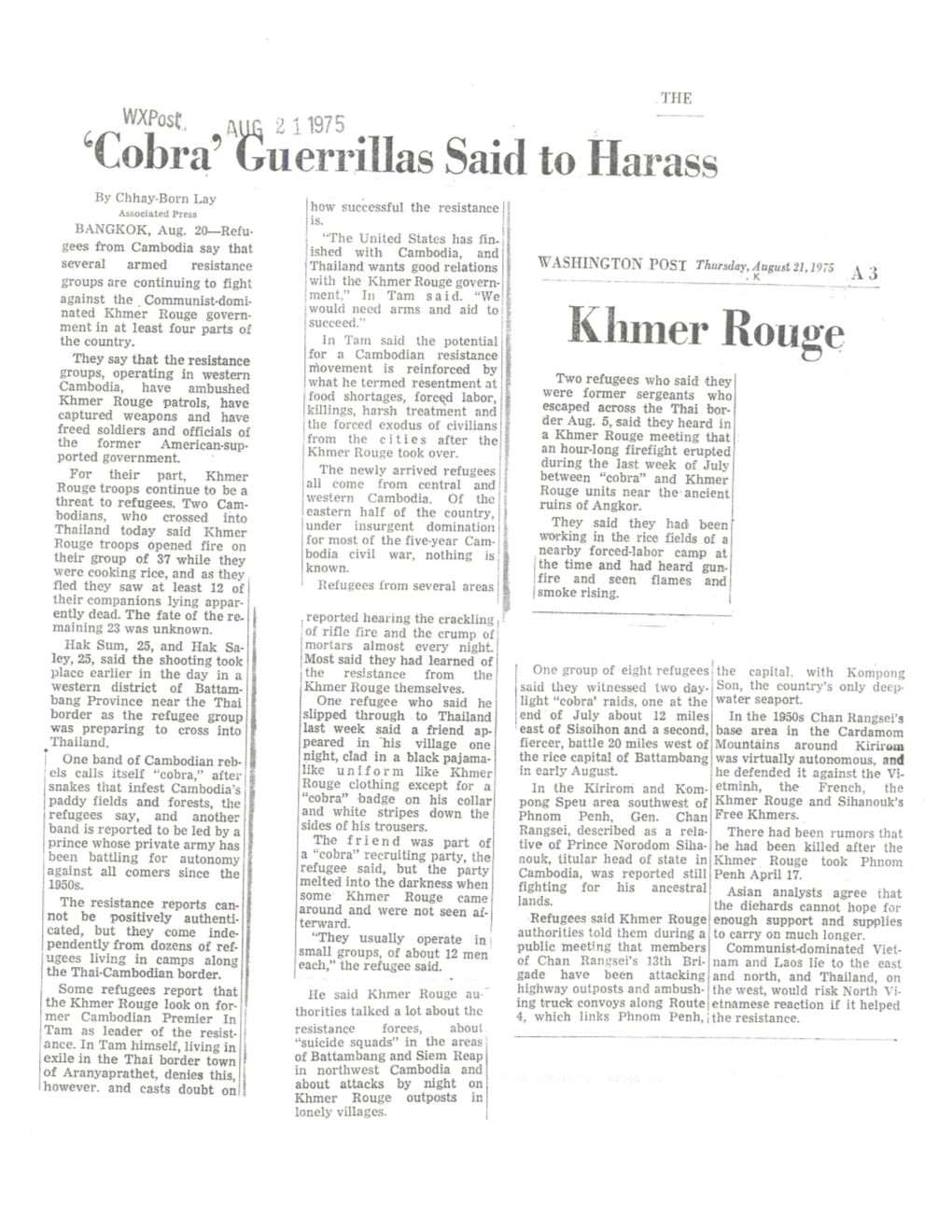 `Cobra Uerrillas Said to Harass Khmer Rouge