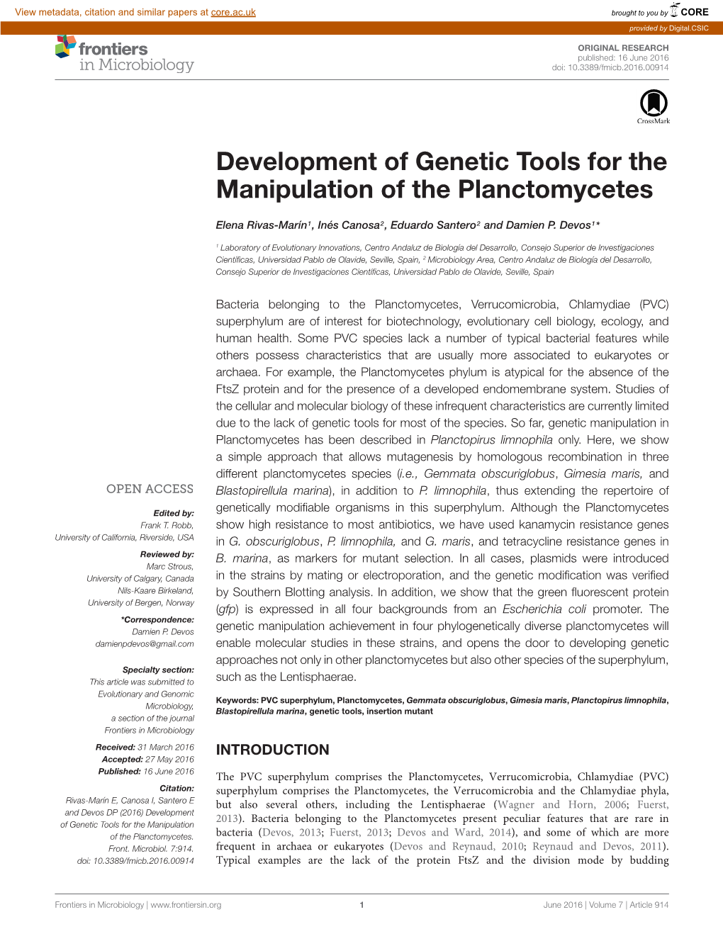 Development of Genetic Tools for the Manipulation of the Planctomycetes