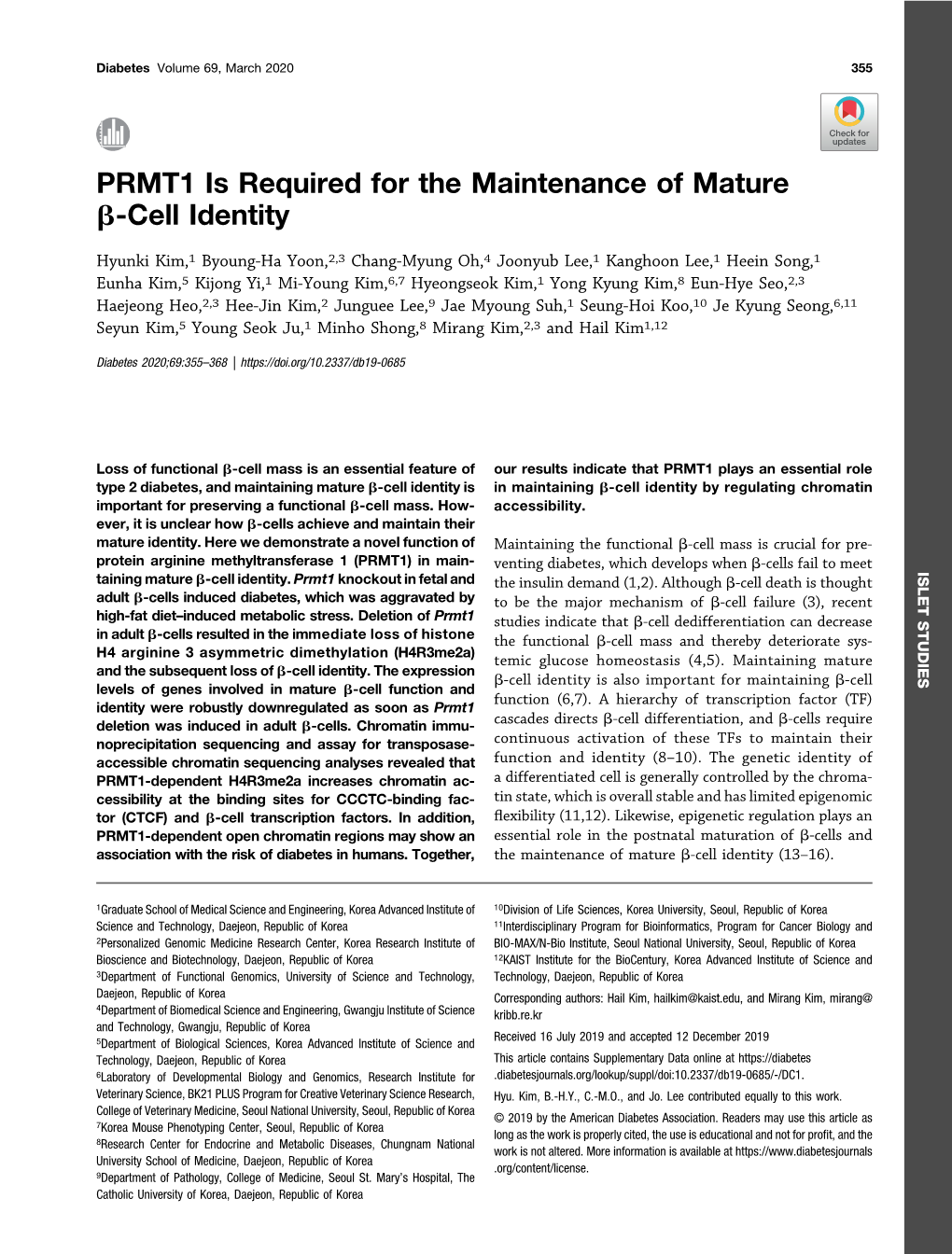 PRMT1 Is Required for the Maintenance of Mature Β-Cell Identity