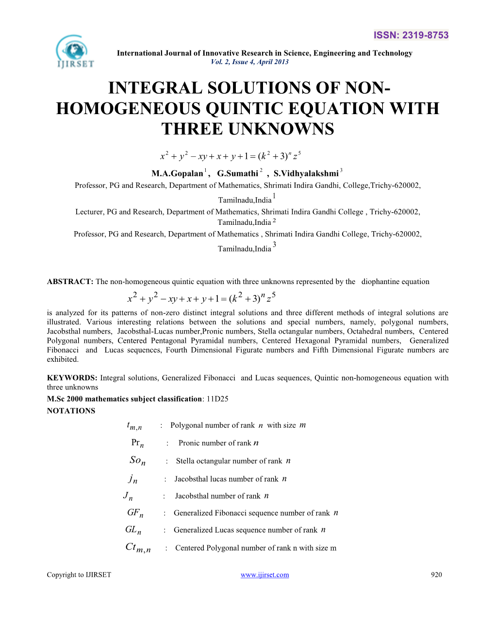 Integral Solutions of Non- Homogeneous Quintic Equation with Three Unknowns