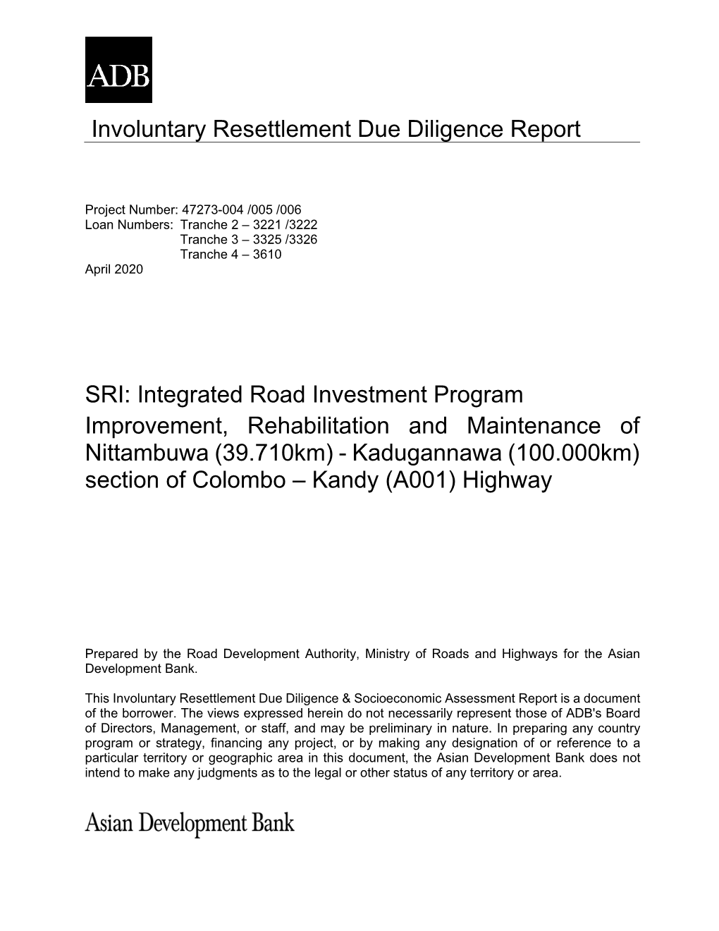 Involuntary Resettlement Due Diligence Report SRI: Integrated