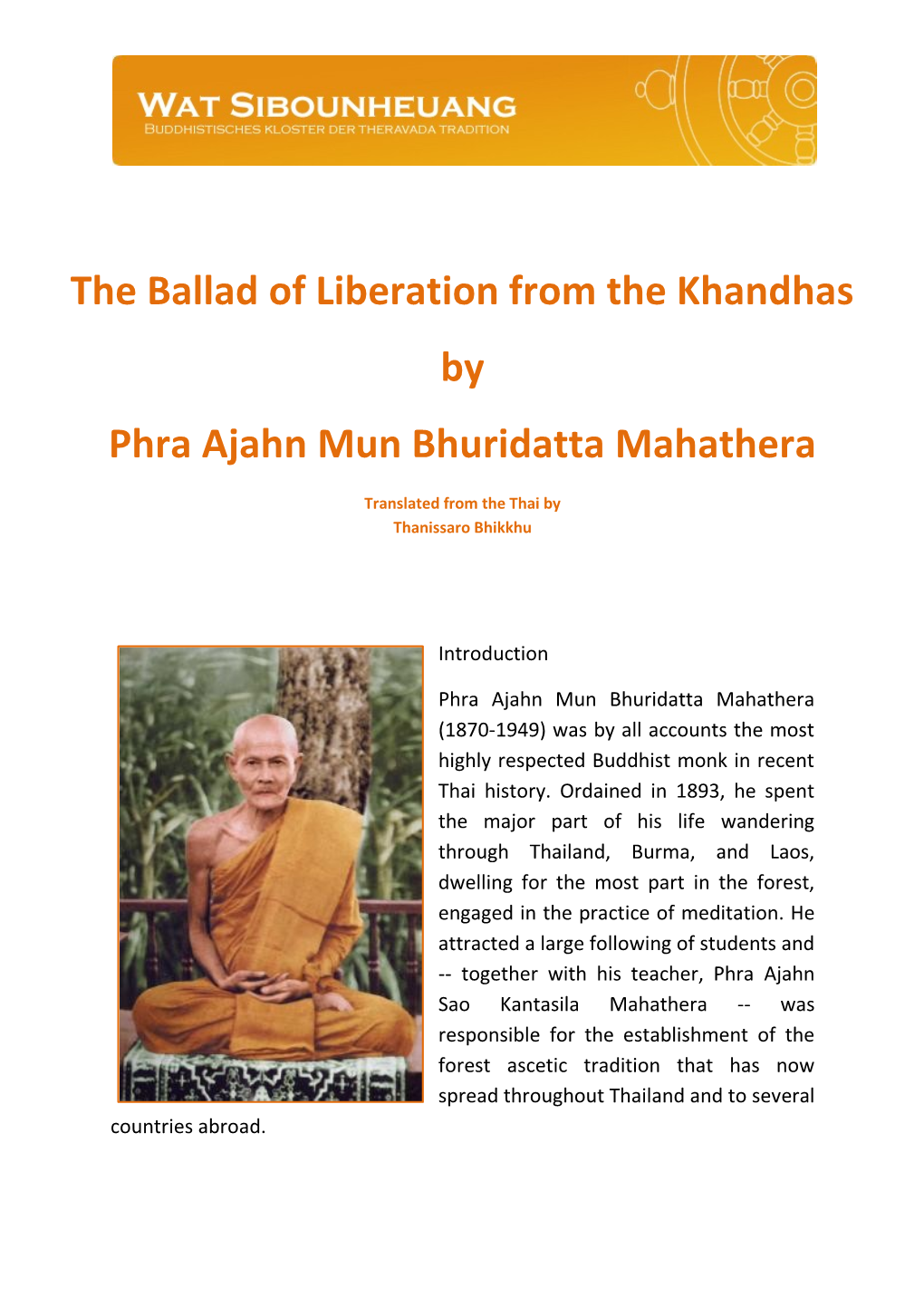 The Ballad of Liberation from the Khandhas by Phra Ajahn Mun Bhuridatta Mahathera