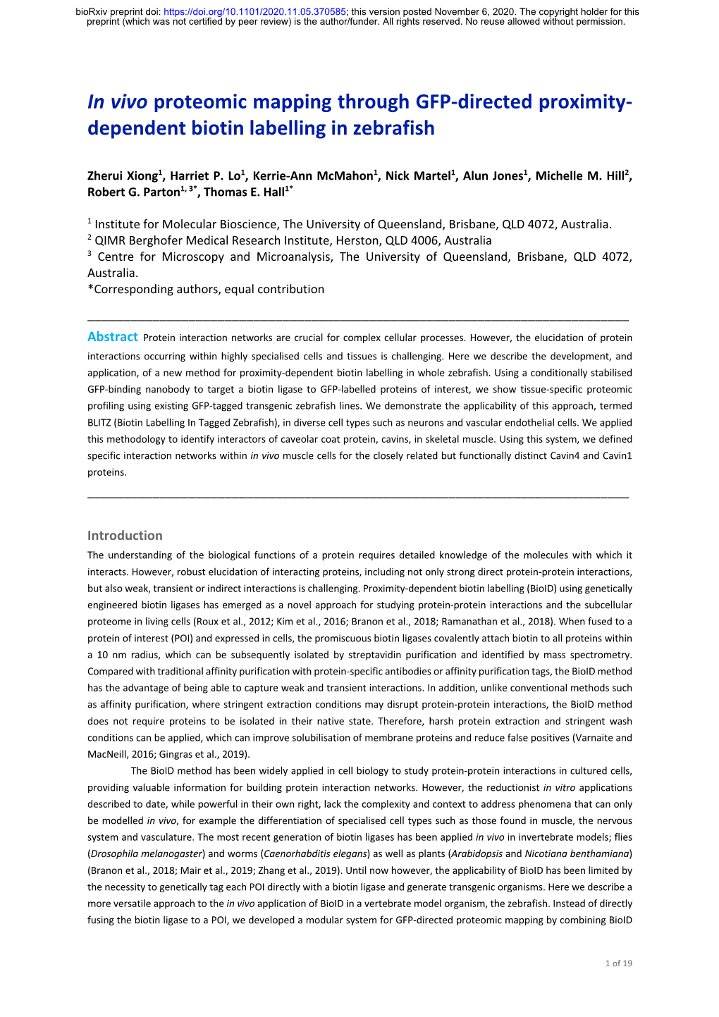 In Vivo Proteomic Mapping Through GFP-Directed Proximity- Dependent Biotin Labelling in Zebrafish