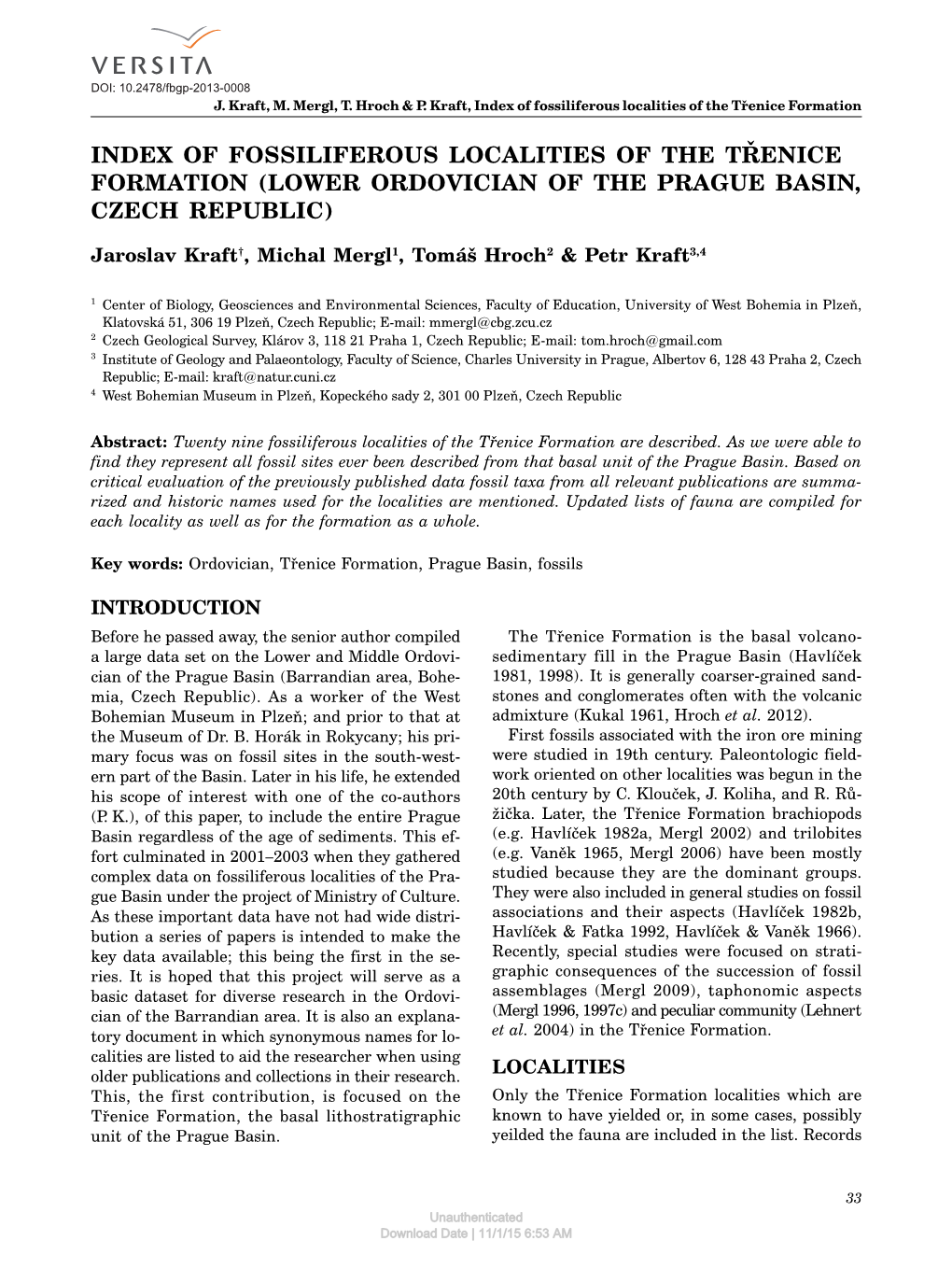 Index of Fossiliferous Localities of the Třenice Formation (Lower Ordovician of the Prague Basin, Czech Republic)