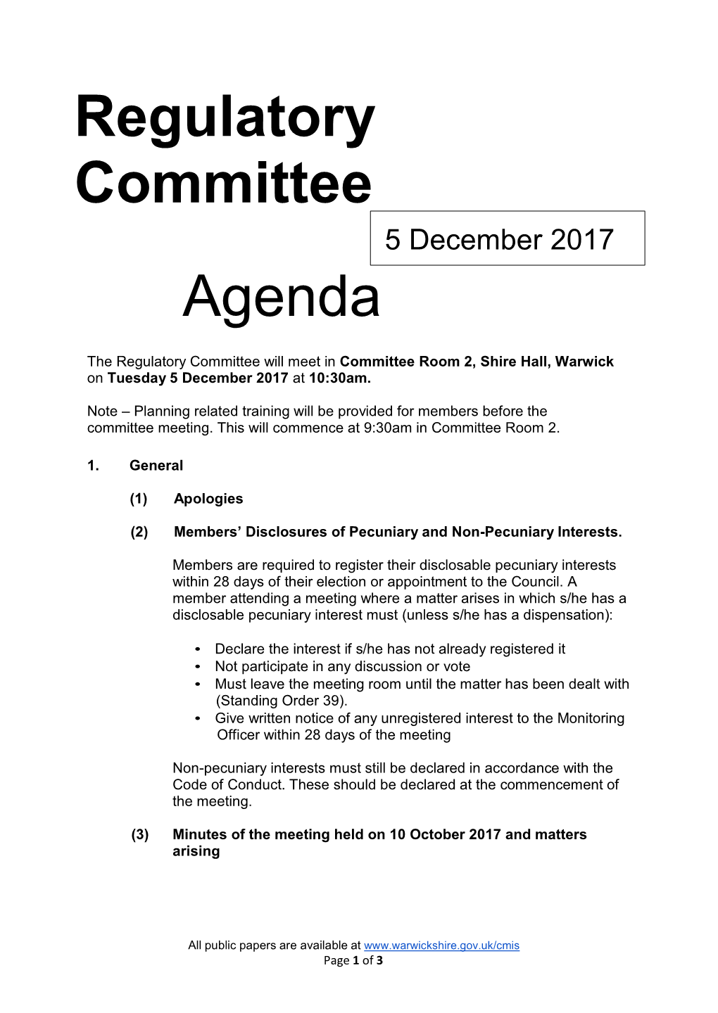 Regulatory Committee Agenda
