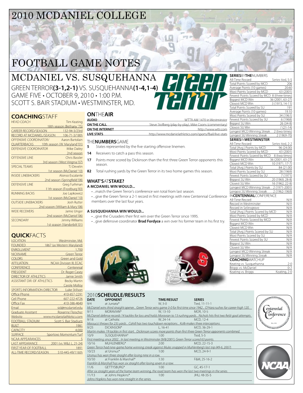 2010 Mcdaniel College Football Game Notes