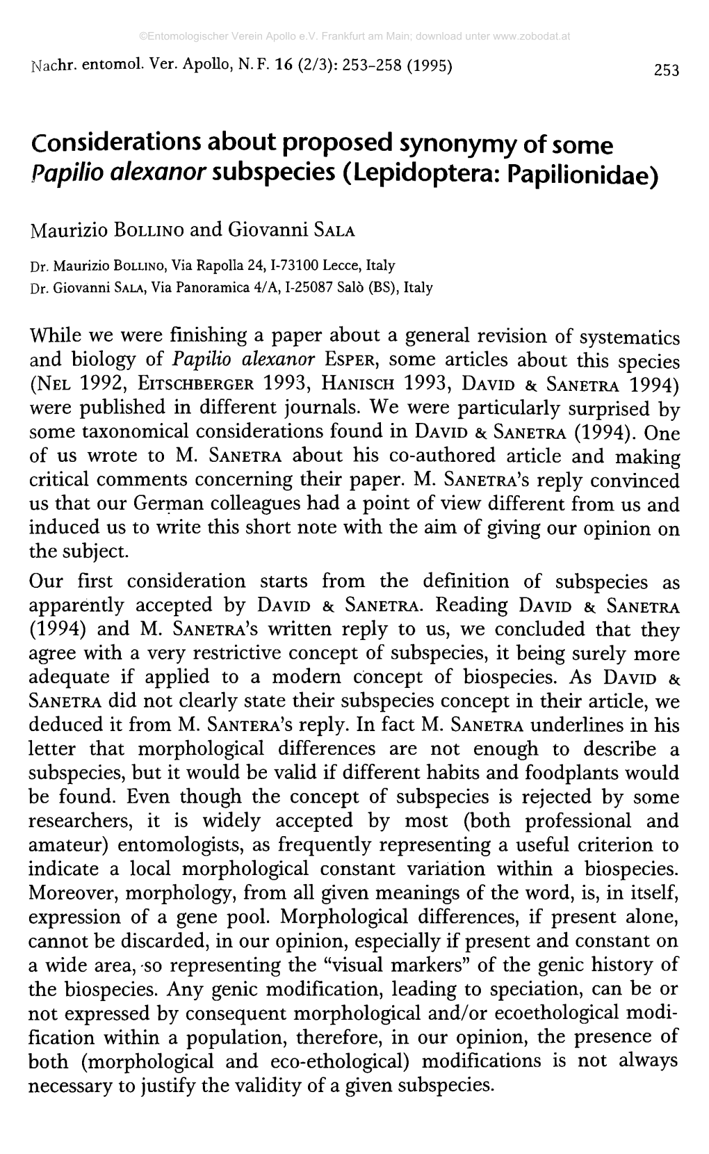 Considerations About Proposed Synonymy of Some Papilio Alexanor Subspecies (Lepidoptera: Papilionidae)