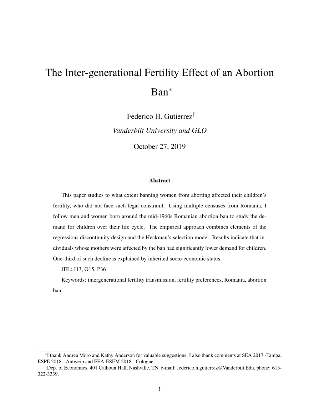 The Inter-Generational Fertility Effect of an Abortion Ban∗