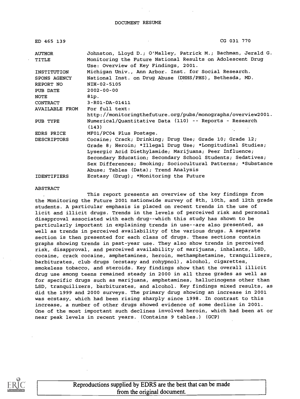 Monitoring the Future National Results on Adolescent Drug Use: Overview of Key Findings, 2001