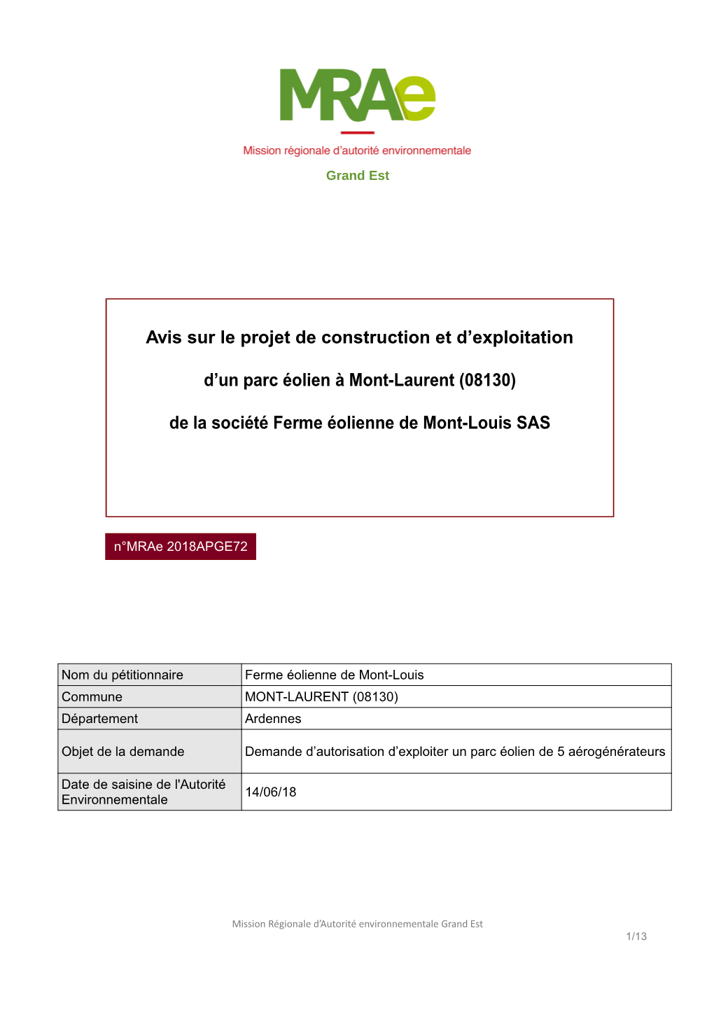 Avis Sur Le Projet De Construction Et D'exploitation D'un Parc Éolien À Mont-Laurent