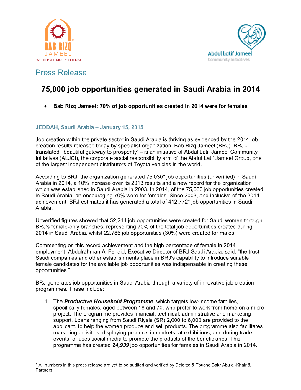 Press Release 75,000 Job Opportunities Generated in Saudi Arabia in 2014