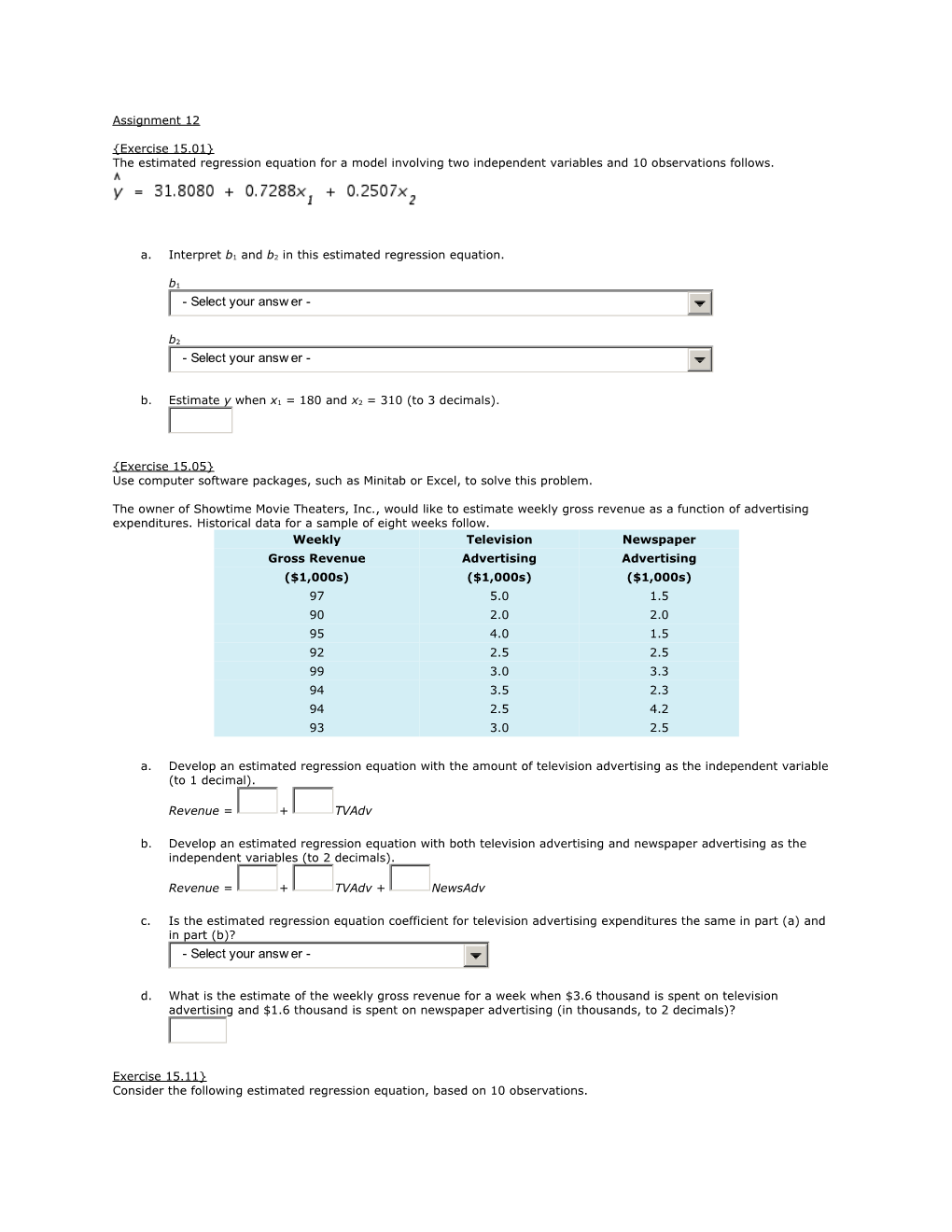 Exercise 15.01 the Estimated Regression Equation for a Model Involving Two Independent