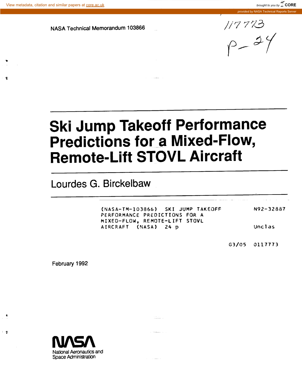 Ski Jump Takeoff Performance Predictions Fora Mixed-Flow, Remote-Lift STOVL Aircraft