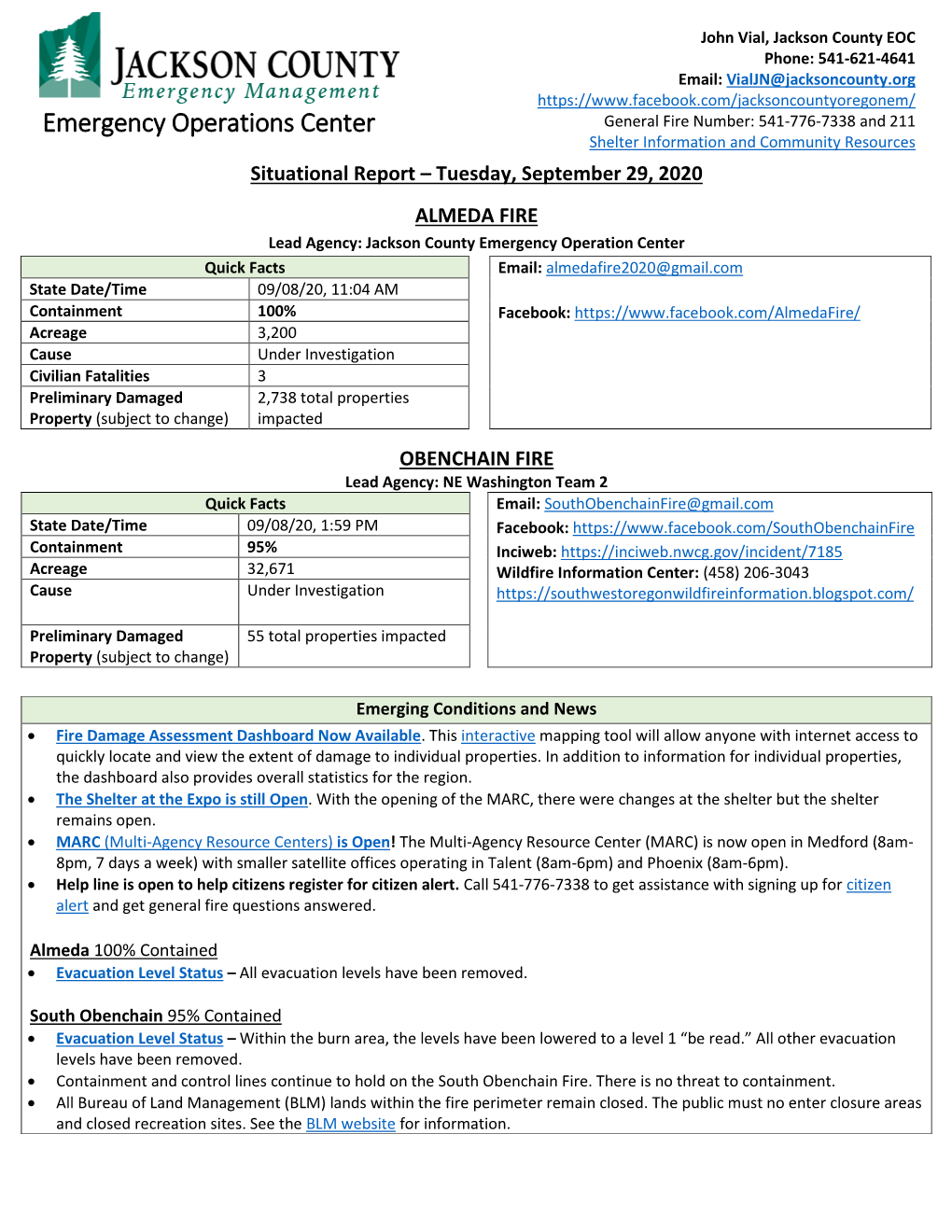 Emergency Operations Center General Fire Number: 541-776-7338 and 211 Shelter Information and Community Resources Situational Report – Tuesday, September 29, 2020