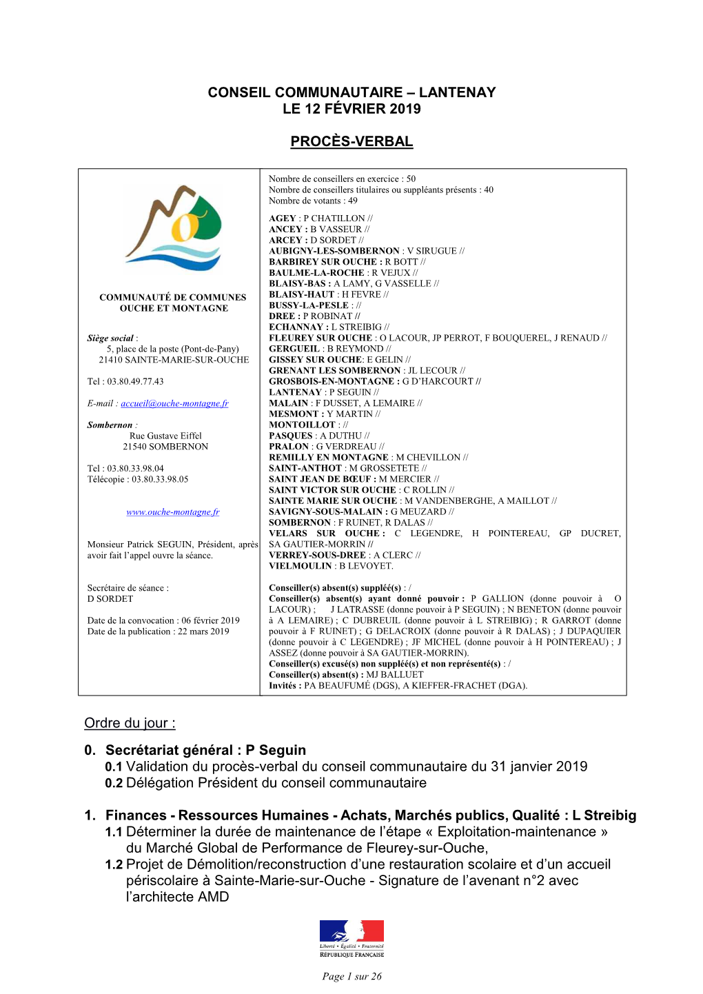 Conseil Communautaire – Lantenay Le 12 Février 2019 Procès-Verbal