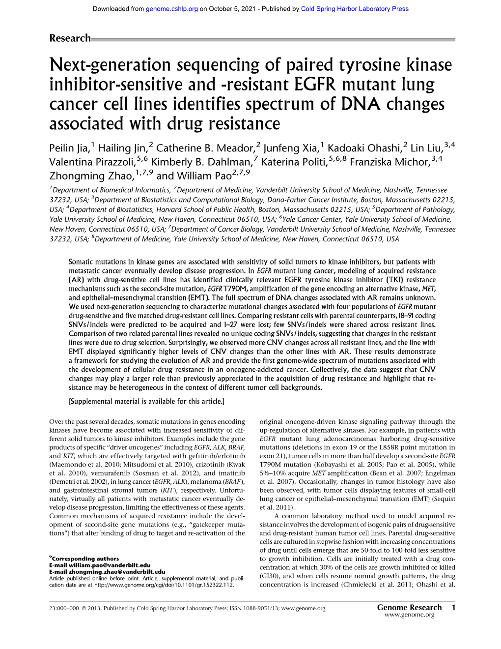 Resistant EGFR Mutant Lung Cancer Cell Lines Identifies Spectrum of DNA Changes Associated with Drug Resistance