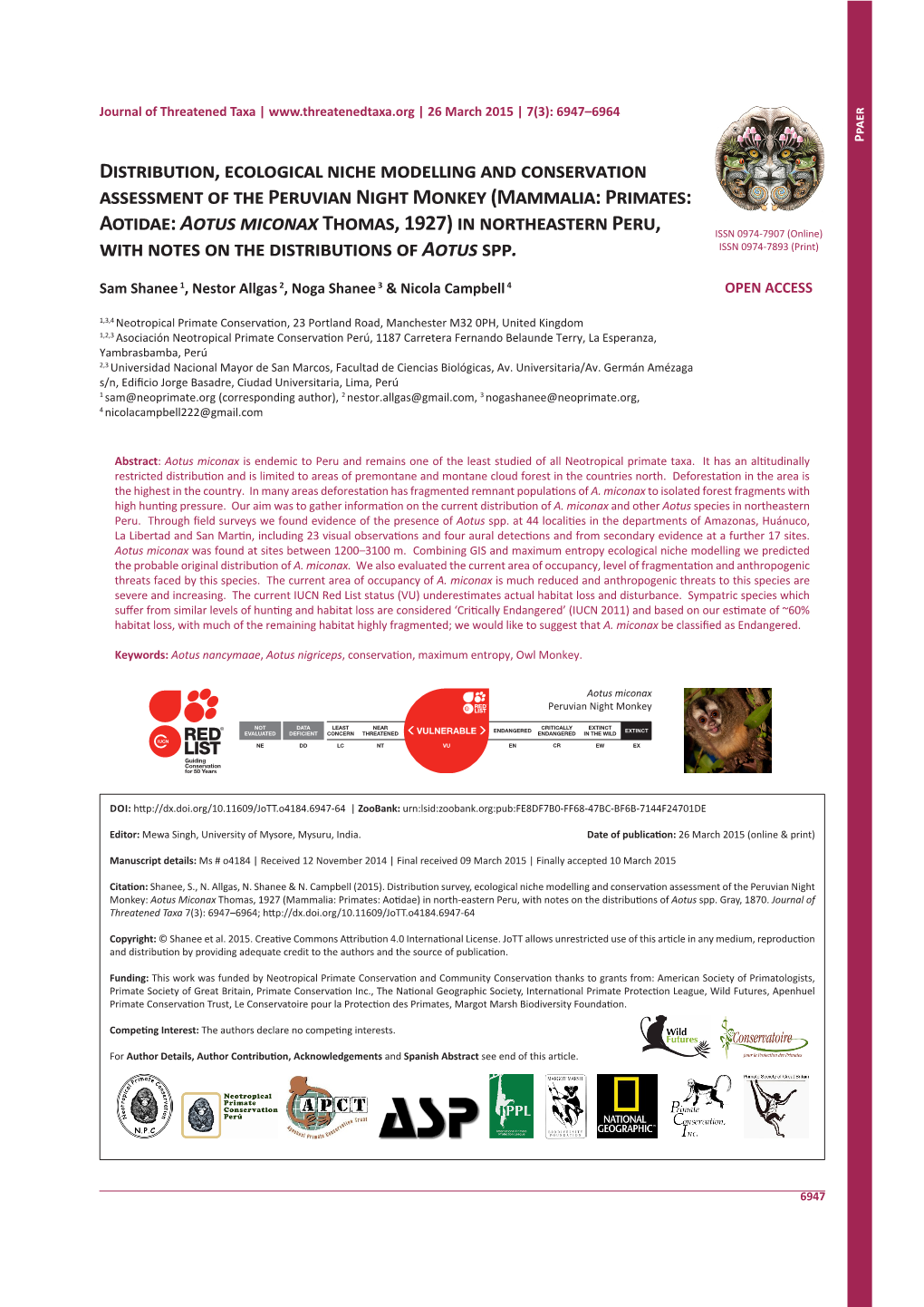 Distribution, Ecological Niche Modelling and Conservation Assessment of the Peruvian Night Monkey (Mammalia: Primates