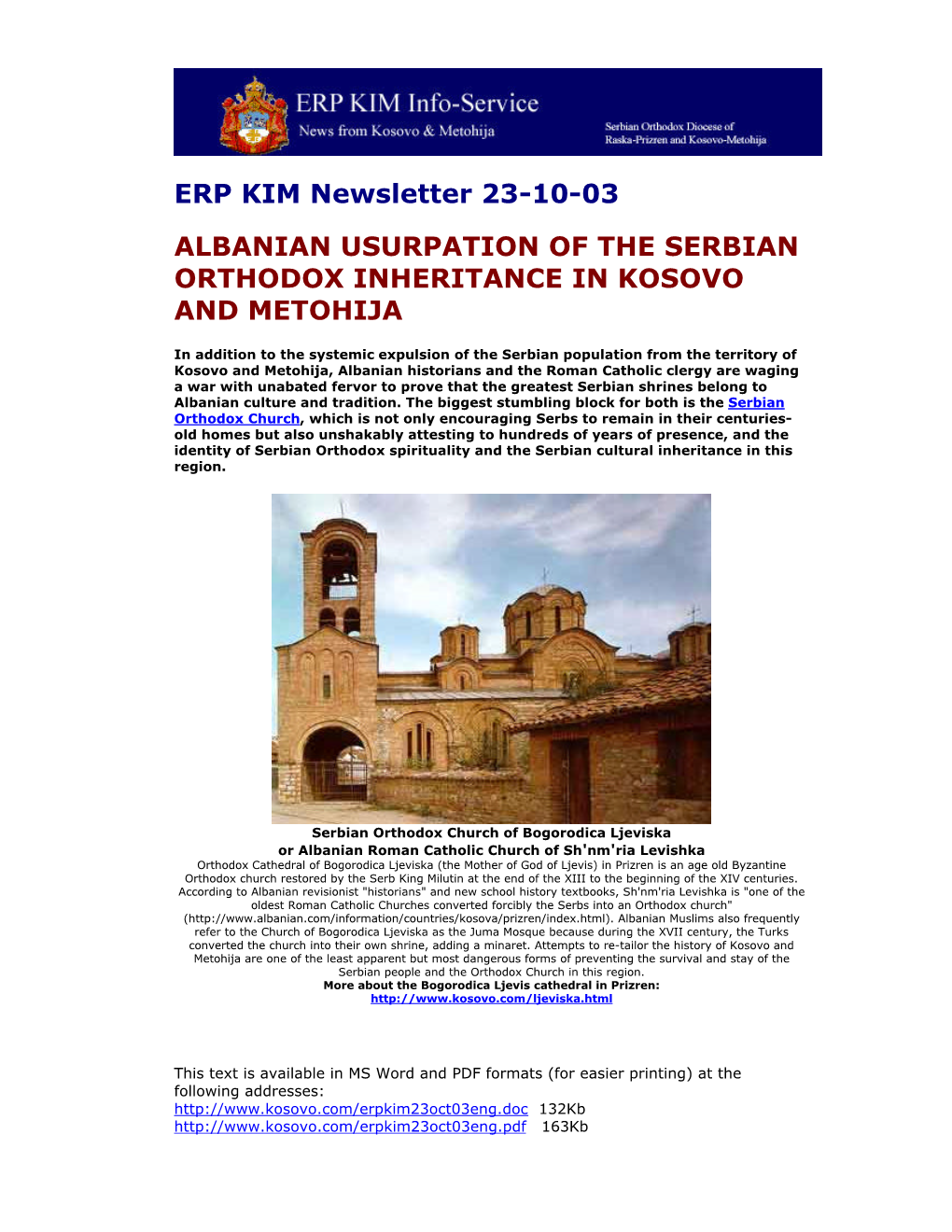 ERP KIM Newsletter 23-10-03 ALBANIAN USURPATION of the SERBIAN ORTHODOX INHERITANCE in KOSOVO and METOHIJA