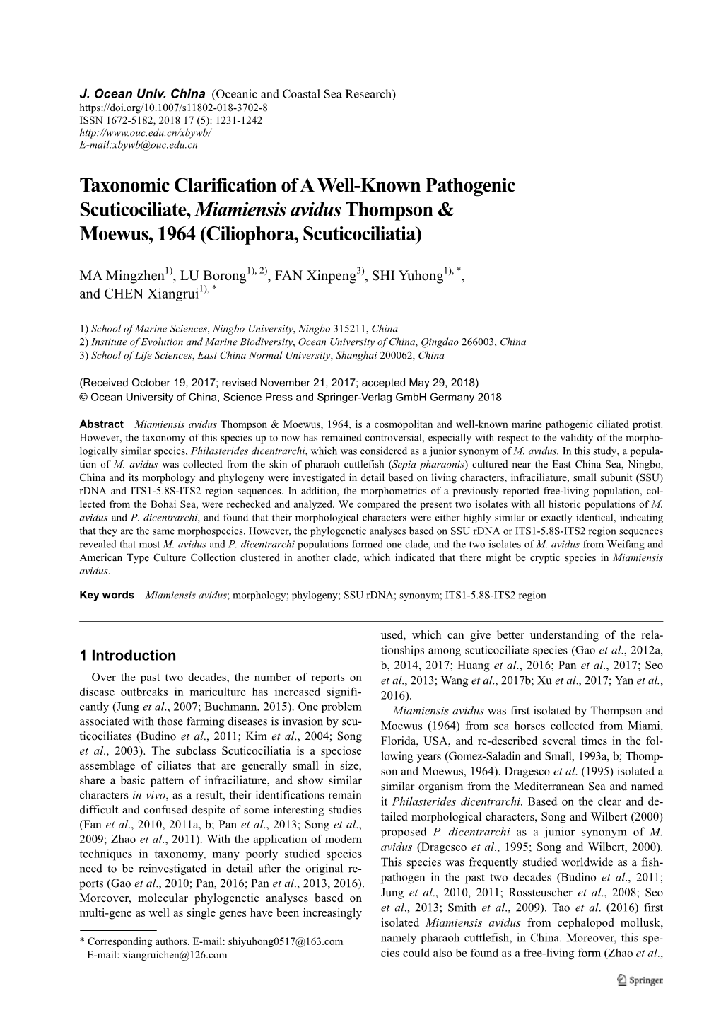 Taxonomic Clarification of a Well-Known Pathogenic Scuticociliate, Miamiensis Avidus Thompson & Moewus, 1964 (Ciliophora, Scuticociliatia)