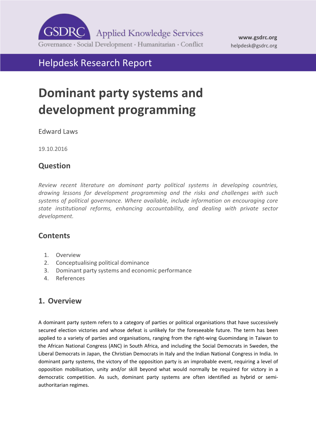 Dominant Party Systems and Development Programming