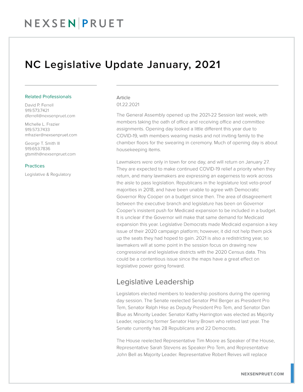 NC Legislative Update January, 2021