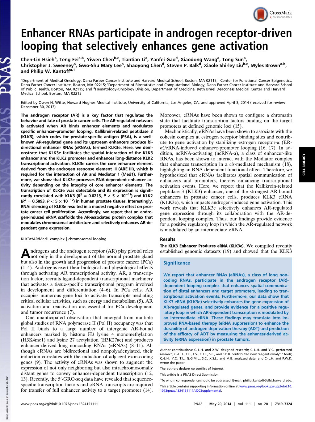 Enhancer Rnas Participate in Androgen Receptor-Driven Looping That Selectively Enhances Gene Activation