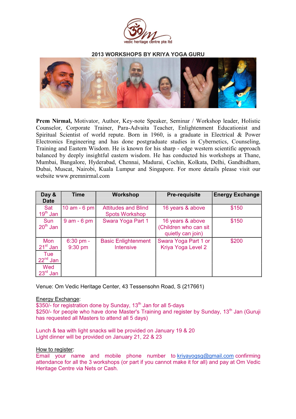 2013 Workshops by Kriya Yoga Guru