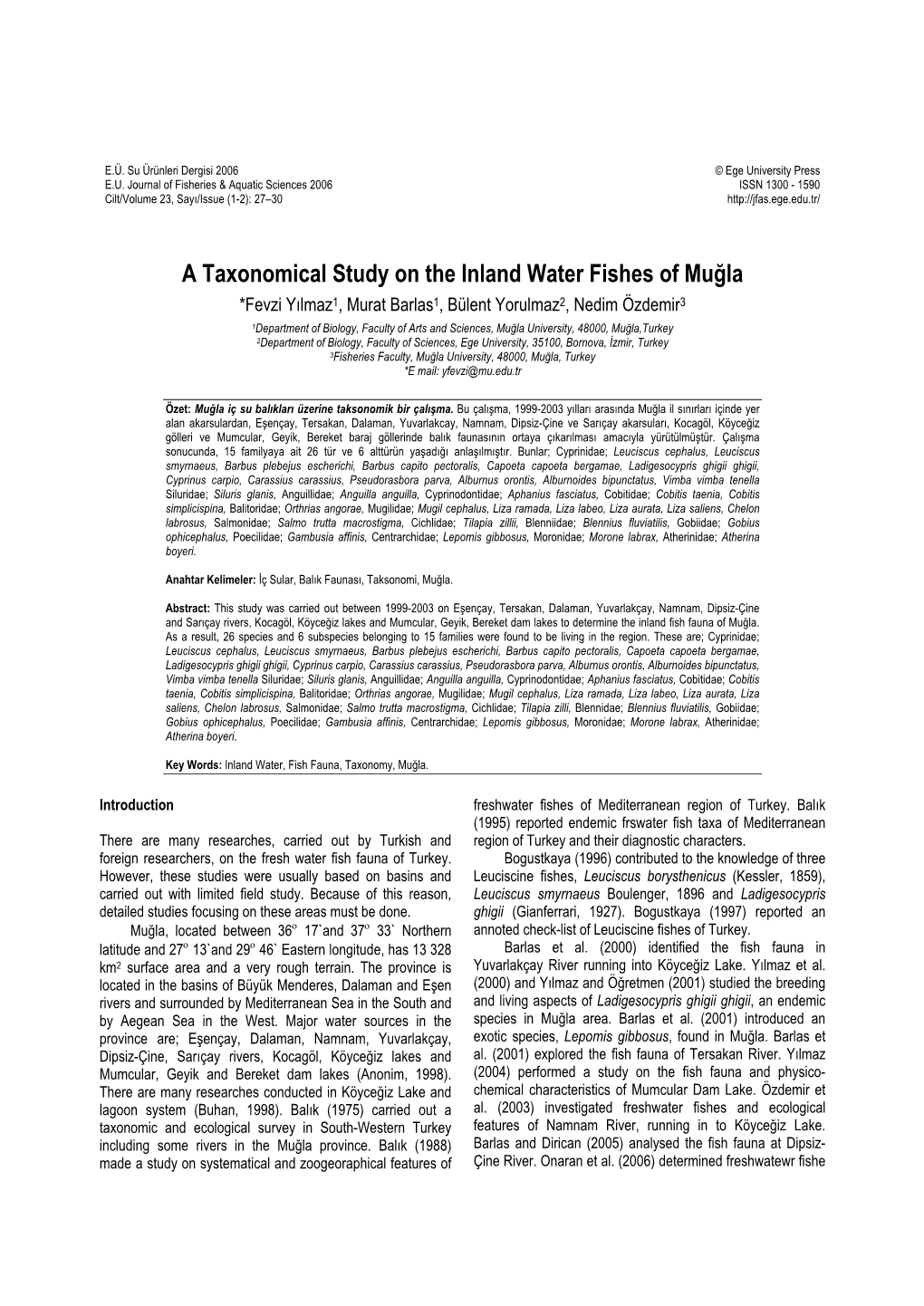 A Taxonomical Study on the Inland Water Fishes of Muğla