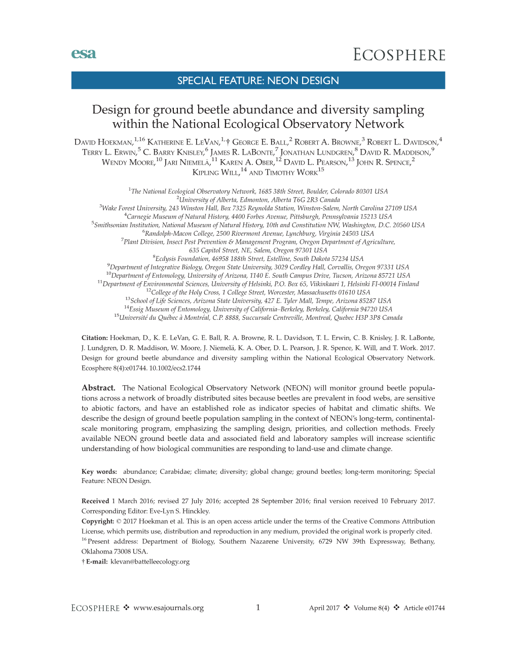 Design for Ground Beetle Abundance and Diversity Sampling Within the National Ecological Observatory Network 1,16 1, 2 3 4 DAVID HOEKMAN, KATHERINE E