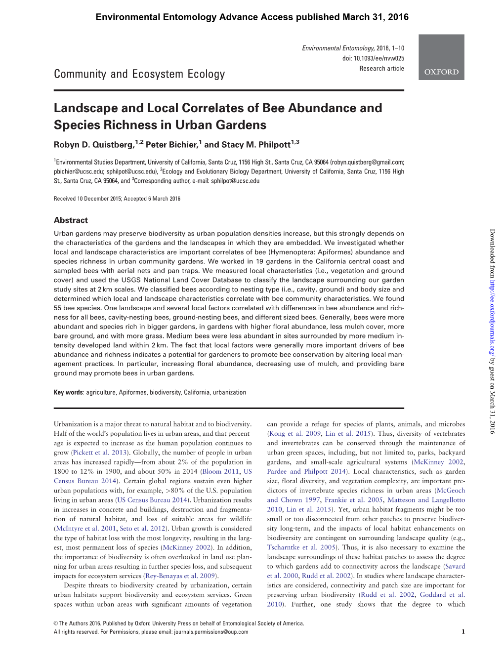 Landscape and Local Correlates of Bee Abundance and Species Richness in Urban Gardens