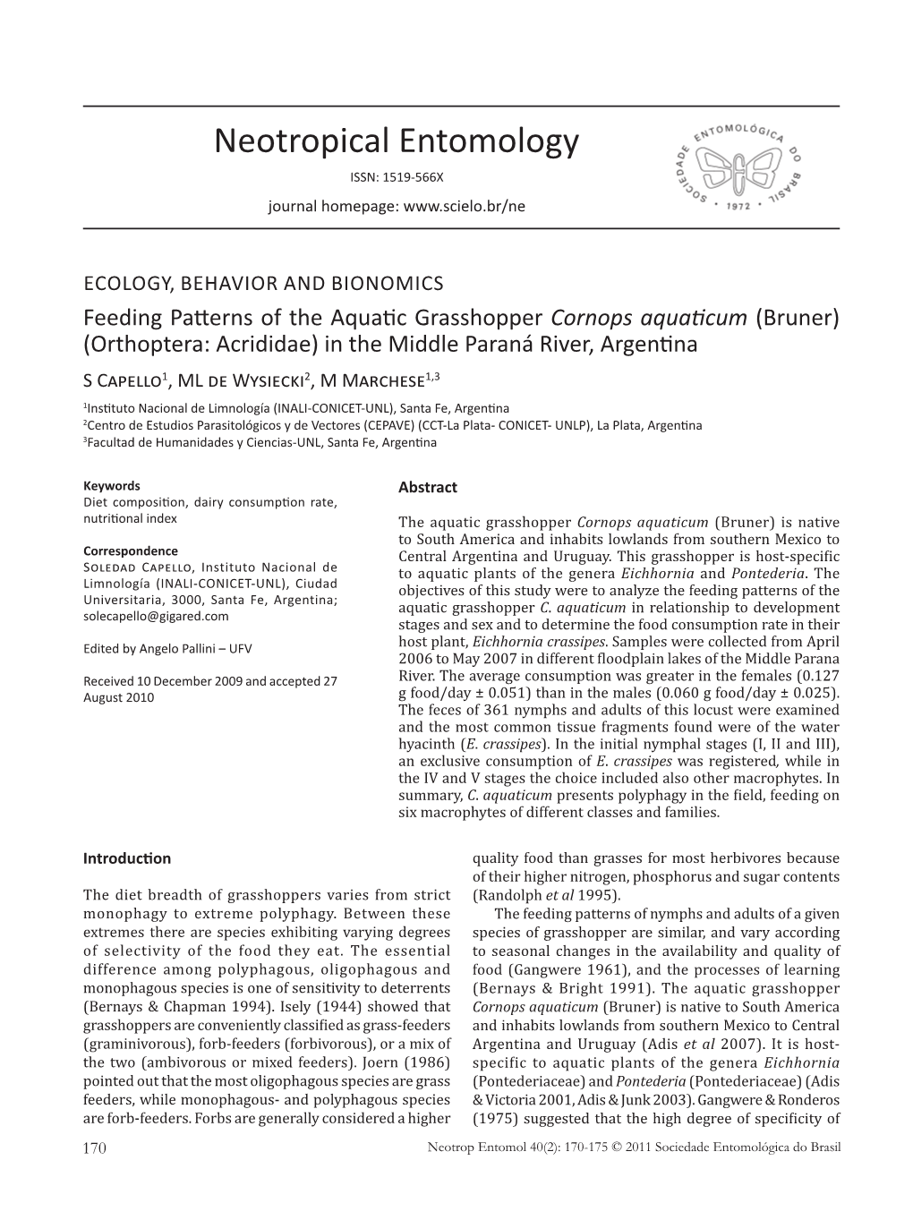 Feeding Patterns of the Aquatic Grasshopper Cornops Aquaticum