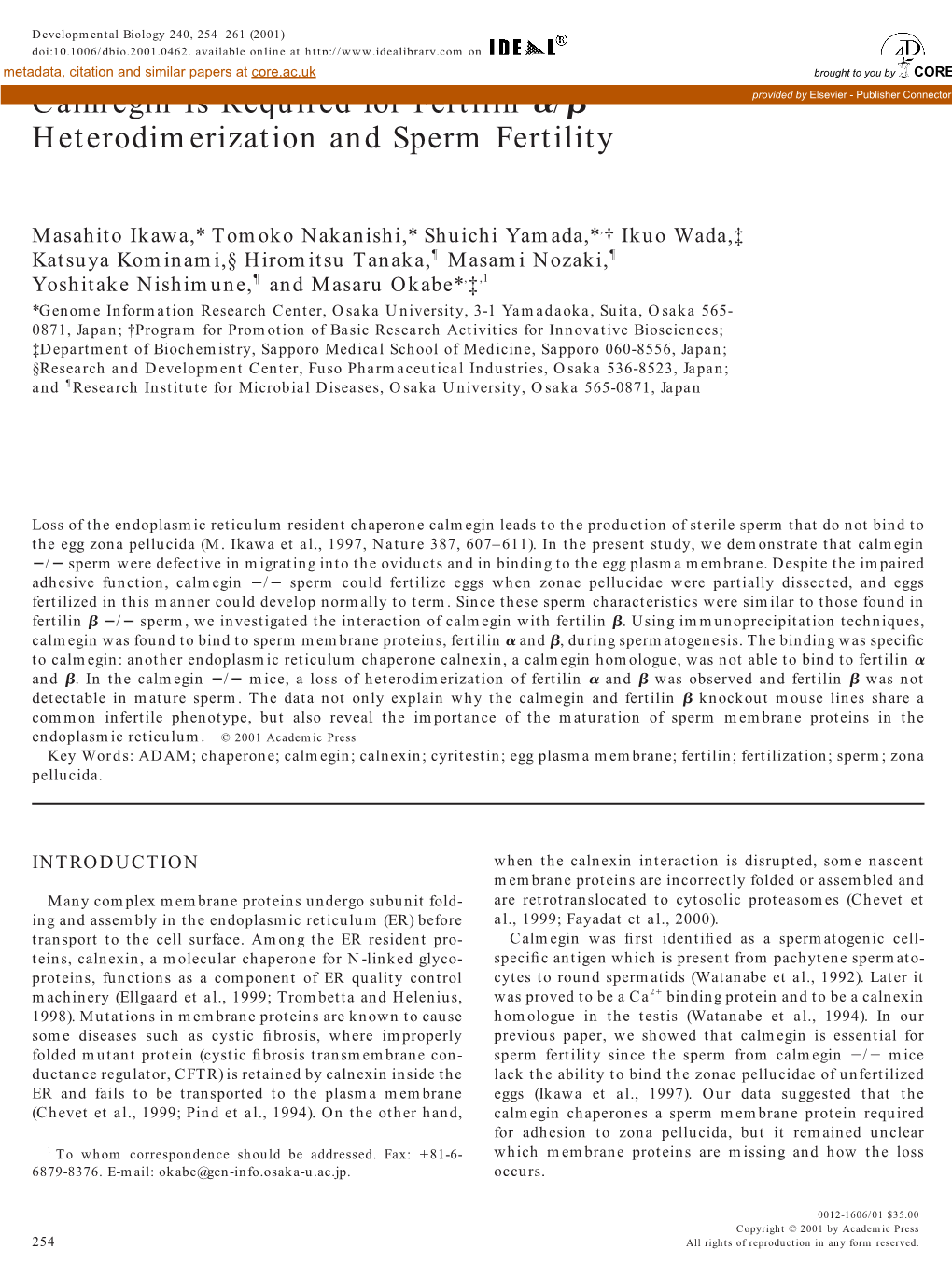 Calmegin Is Required for Fertilin &lt;Alpha&gt;/&lt;Beta&gt; Heterodimerization