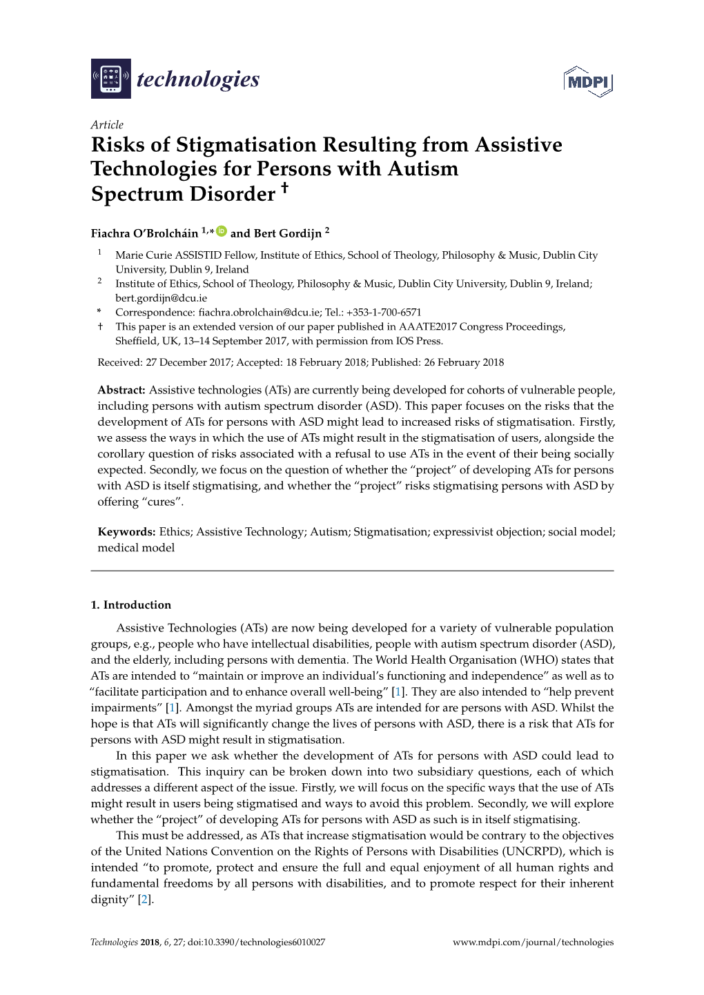 Risks of Stigmatisation Resulting from Assistive Technologies for Persons with Autism Spectrum Disorder †