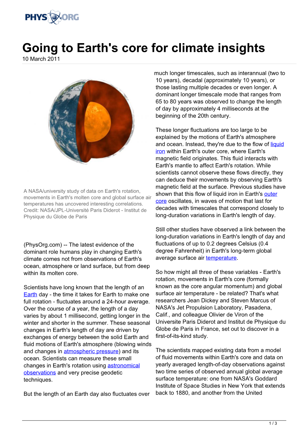 Going to Earth's Core for Climate Insights 10 March 2011