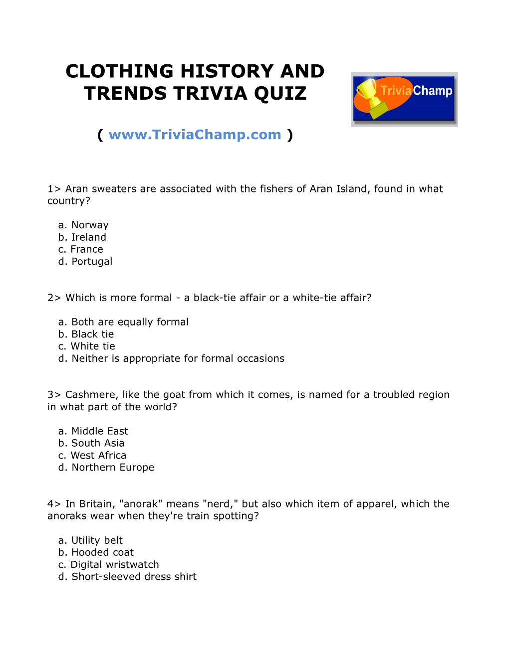 Clothing History and Trends Trivia Quiz