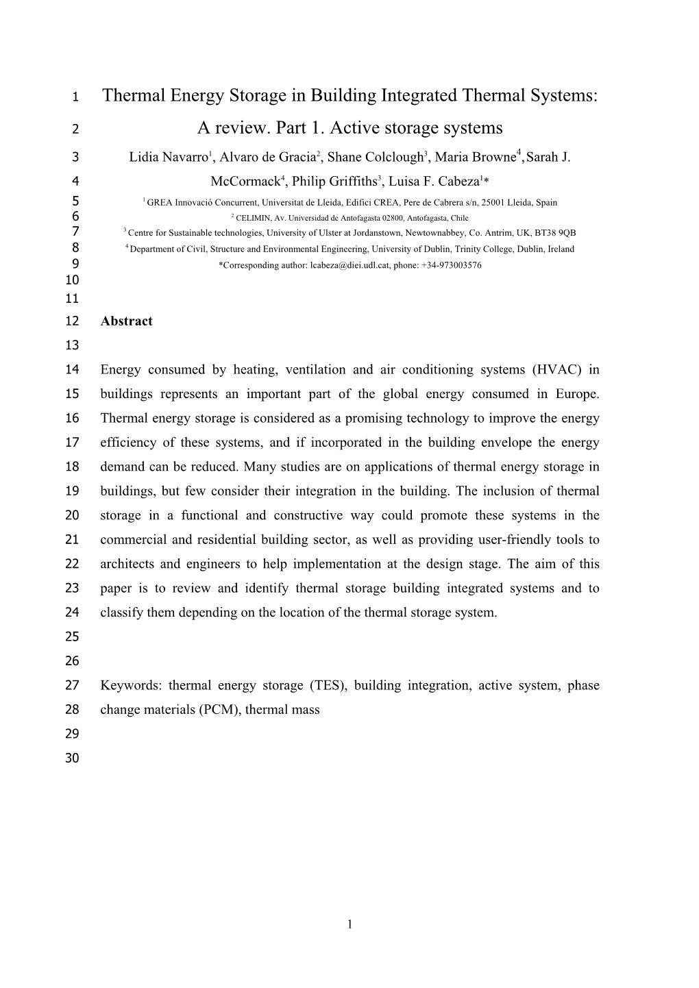 Thermal Energy Storage in Building Integrated Thermal Systems: a Review. Part 1. Active Storage Systems