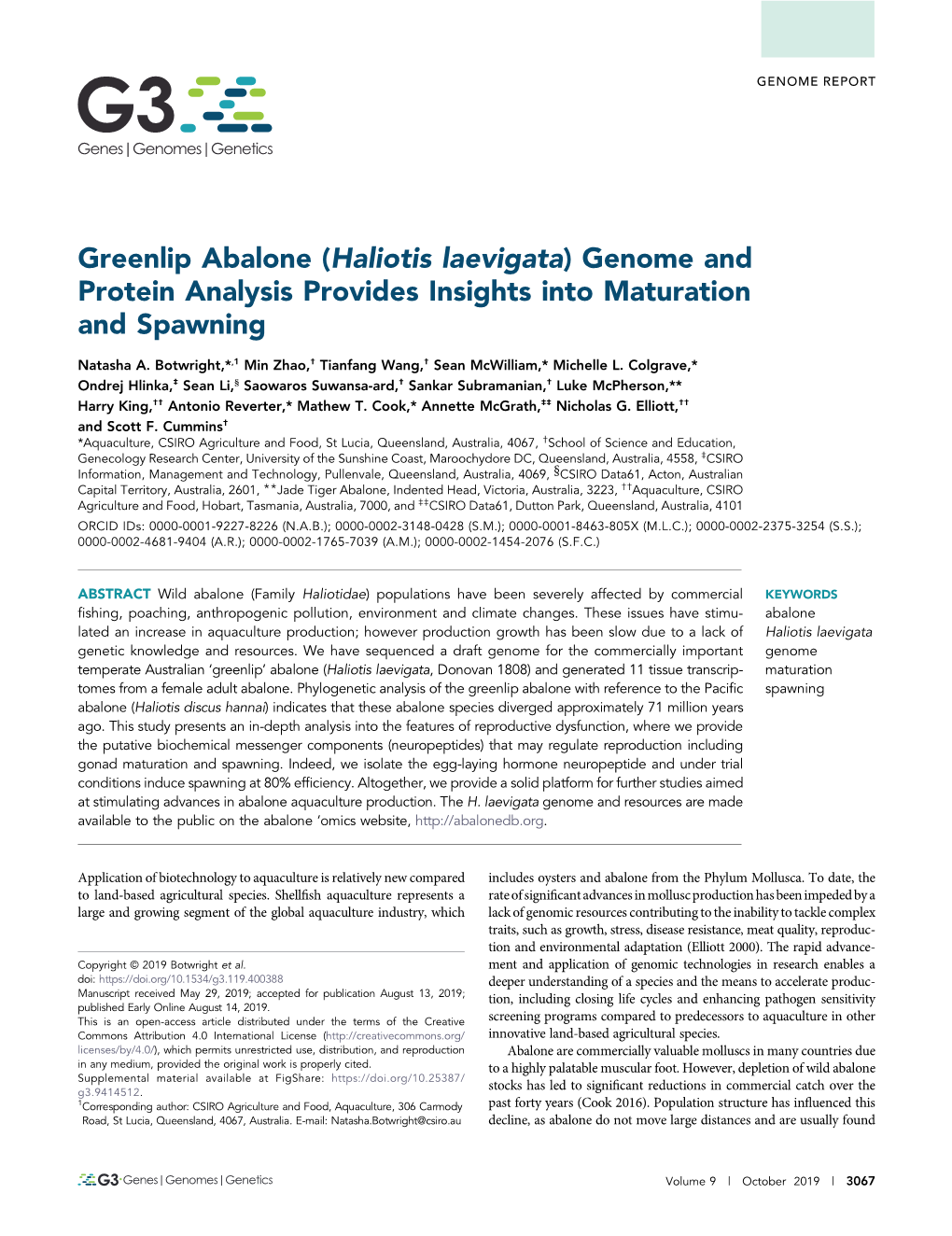 Greenlip Abalone (Haliotis Laevigata) Genome and Protein Analysis Provides Insights Into Maturation and Spawning