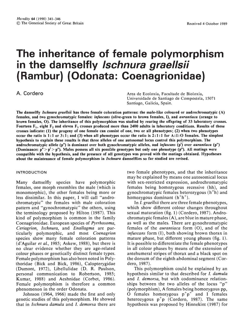 The Inheritance of Female Polymorphism in the Damseifly Ischnura Graellsii (Rambur) (Odonata: Coenagrionidae)