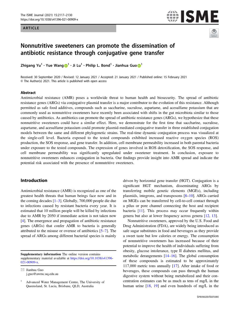 Nonnutritive Sweeteners Can Promote the Dissemination of Antibiotic Resistance Through Conjugative Gene Transfer