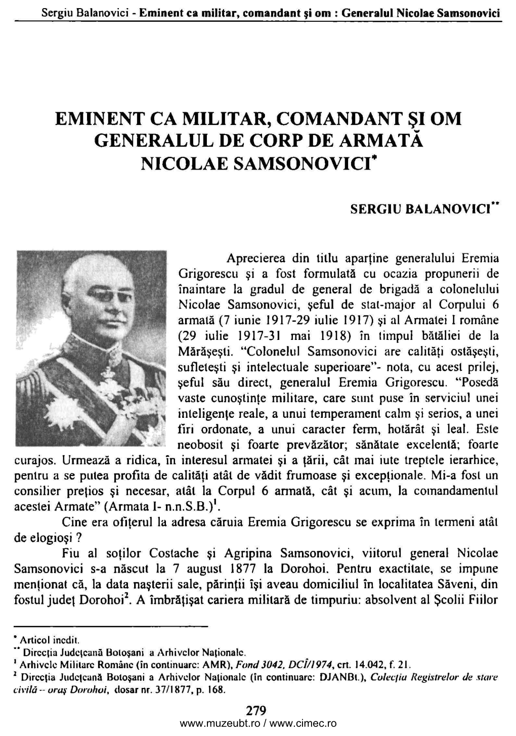 Eminent Ca Militar, Comandant Şi Om Nicolae Samsonovici•