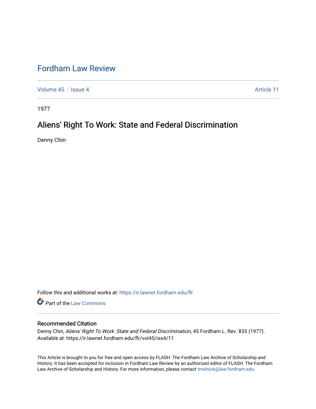 Aliens' Right to Work: State and Federal Discrimination