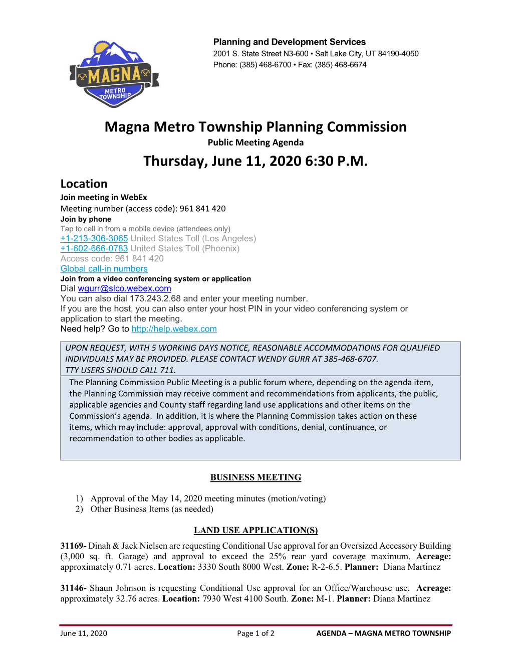 Magna Metro Township Planning Commission Thursday