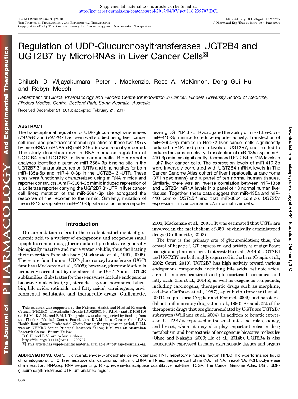 Regulation of UDP-Glucuronosyltransferases UGT2B4 and UGT2B7 by Micrornas in Liver Cancer Cells S