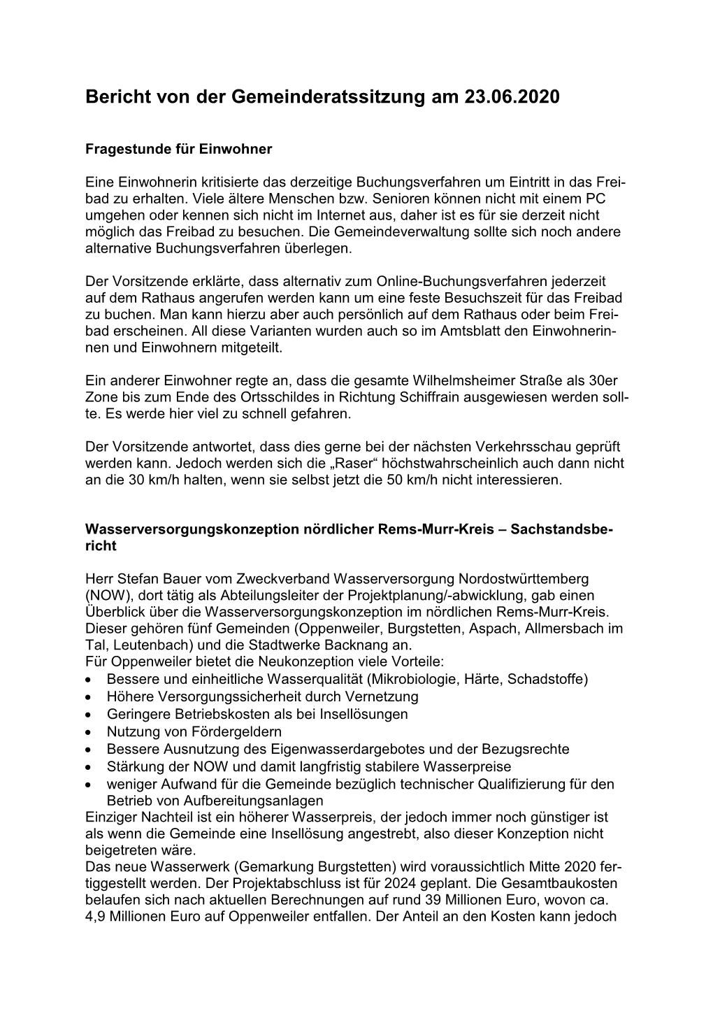 Bericht Von Der Gemeinderatssitzung Am 23.06.2020